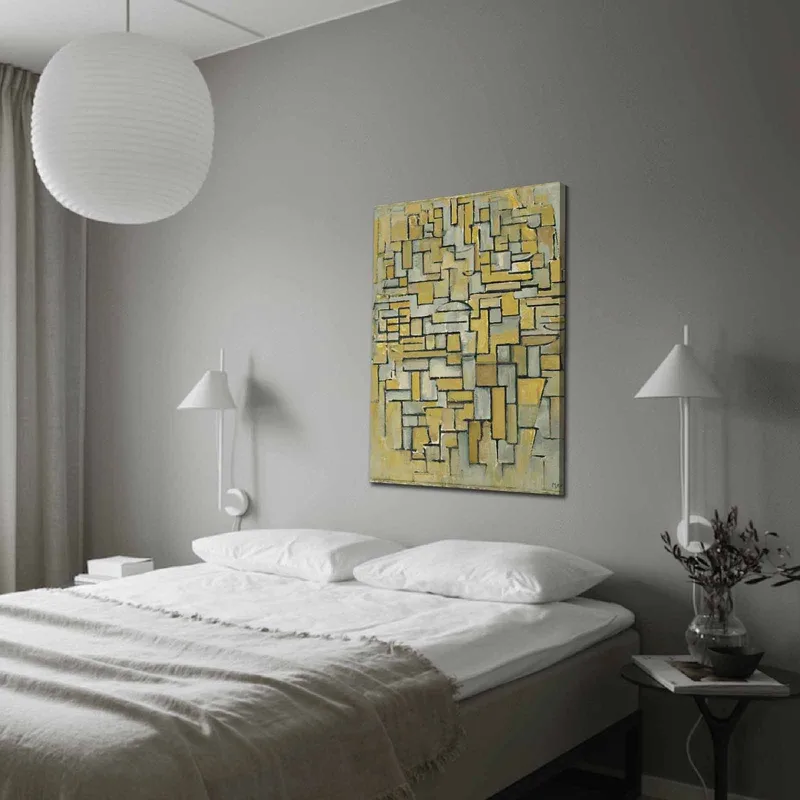 Lerretsbilde 70x100 cm - Abstrakt komposisjon med geometriske former i gult og grått, Gul / Grå