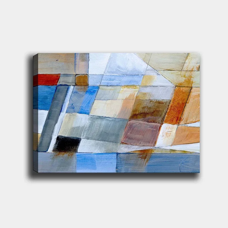 Lerretsbilde 70x100 cm - Abstrakt komposisjon med geometriske former i harmoniske farger, Blå / Oransje / Grå