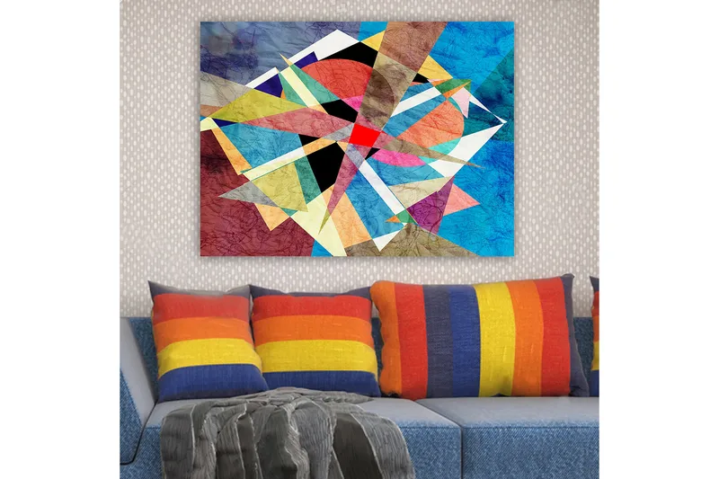 Lerretsbilde 70x100 cm - Abstrakt komposisjon med geometriske former i livlige farger, Blå / Rød / Svart