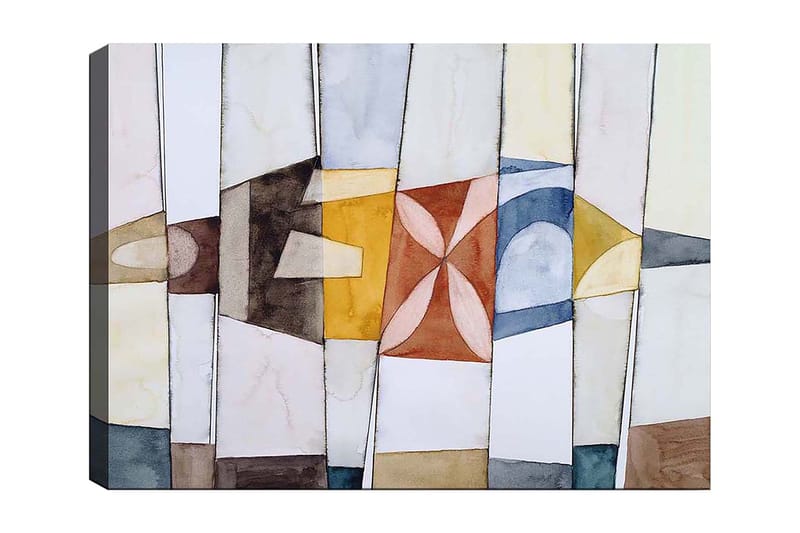 Lerretsbilde 70x100 cm - Abstrakt komposisjon med geometriske former i varme og kalde farger, Gull / Blå / Brun