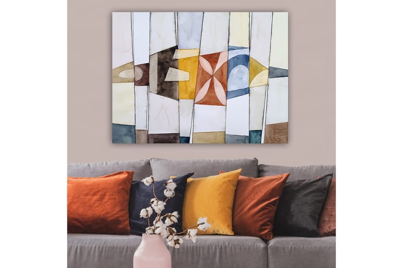 Lerretsbilde 70x100 cm - Abstrakt komposisjon med geometriske former i varme og kalde farger - Gull / Blå / Brun - Innredning - Bilder & kunst - Lerretsbilder