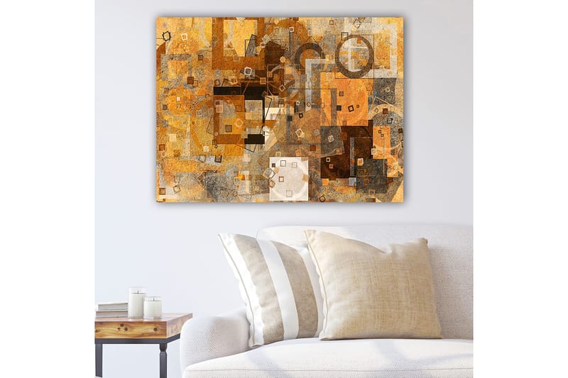 Lerretsbilde 70x100 cm - Abstrakt komposisjon med geometriske former i varme toner, Gull / Brun / Grå