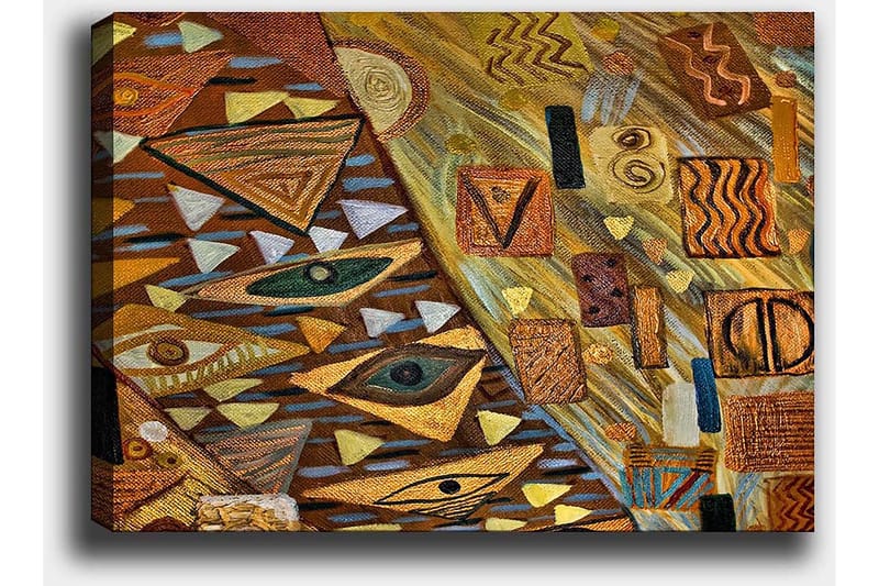 Lerretsbilde 70x100 cm - Abstrakt komposisjon med geometriske former og øyemotiver i varme jordfarger - Gull / Brun / Beige - Innredning - Bilder & kunst - Lerretsbilder