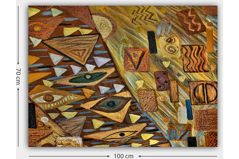 Lerretsbilde 70x100 cm - Abstrakt komposisjon med geometriske former og øyemotiver i varme jordfarger - Gull / Brun / Beige - Innredning - Bilder & kunst - Lerretsbilder