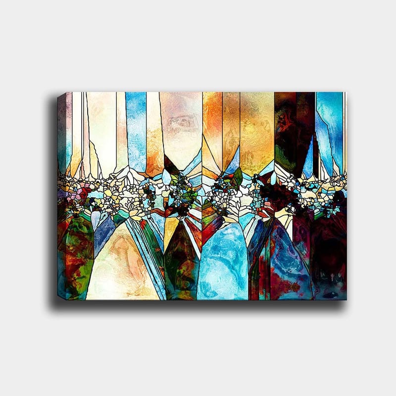 Lerretsbilde 70x100 cm - Abstrakt komposisjon med geometriske former og blomstermotiver i sterke farger, Blå / Grønn / Oransje