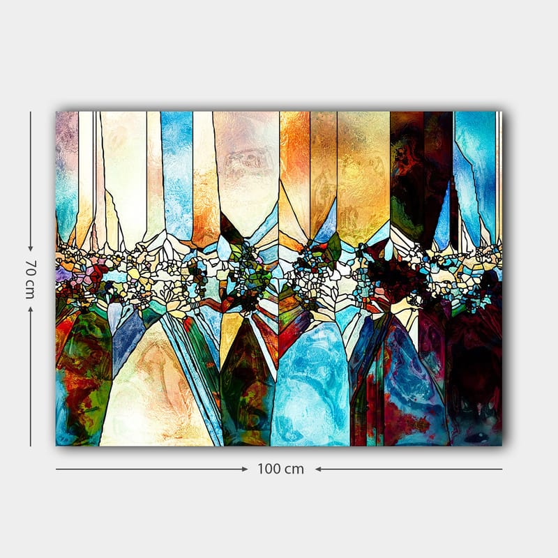 Lerretsbilde 70x100 cm - Abstrakt komposisjon med geometriske former og blomstermotiver i sterke farger - Blå / Grønn / Oransje - Innredning - Bilder & kunst - Lerretsbilder