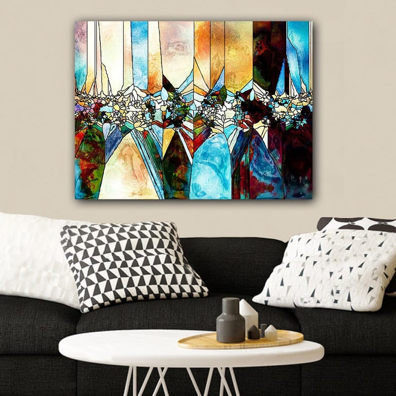 Lerretsbilde 70x100 cm - Abstrakt komposisjon med geometriske former og blomstermotiver i sterke farger - Blå / Grønn / Oransje - Innredning - Bilder & kunst - Lerretsbilder