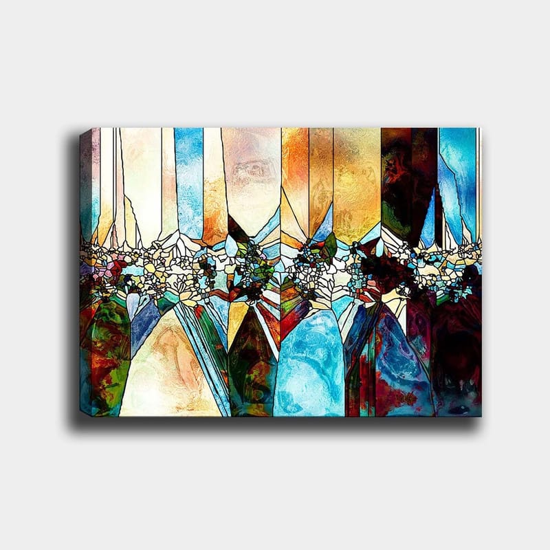 Lerretsbilde 70x100 cm - Abstrakt komposisjon med geometriske former og blomstermotiver i sterke farger, Blå / Grønn / Oransje