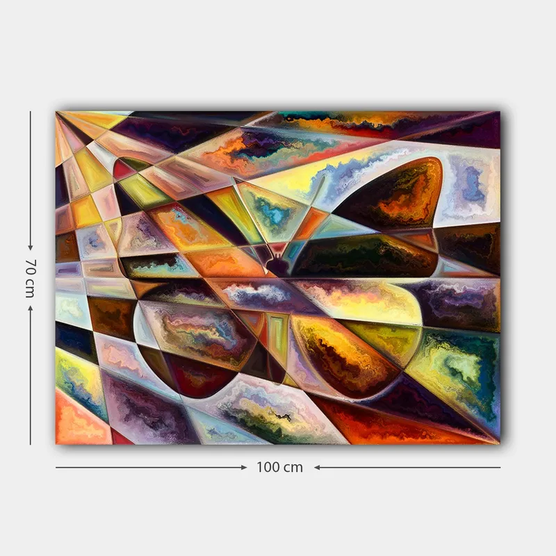 Lerretsbilde 70x100 cm - Abstrakt komposisjon med geometriske former og dynamiske fargeoverganger - Gull / Mørk brun / Oransje - Innredning - Bilder & kunst - Lerretsbilder