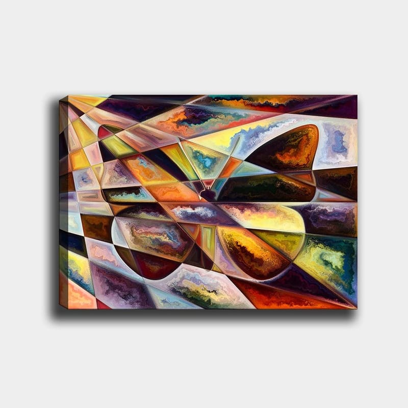 Lerretsbilde 70x100 cm - Abstrakt komposisjon med geometriske former og dynamiske fargeoverganger - Gull / Mørk brun / Oransje - Innredning - Bilder & kunst - Lerretsbilder