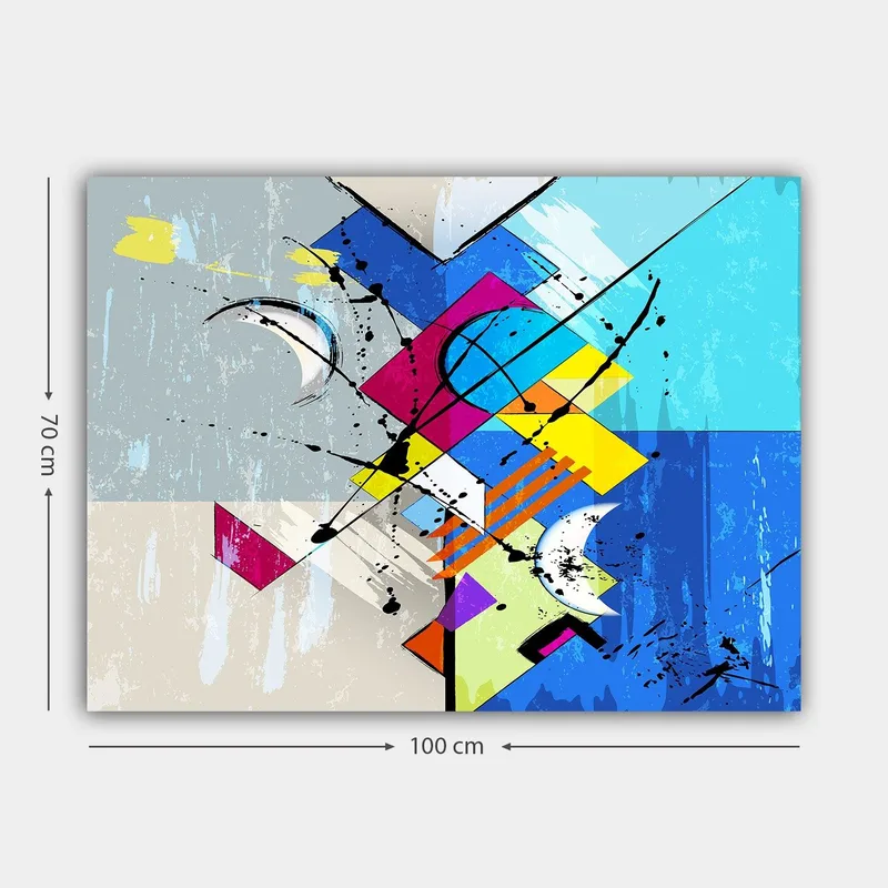 Lerretsbilde 70x100 cm - Abstrakt komposisjon med geometriske former og dynamiske linjer - Blå / Rosa / Gul - Innredning - Bilder & kunst - Lerretsbilder