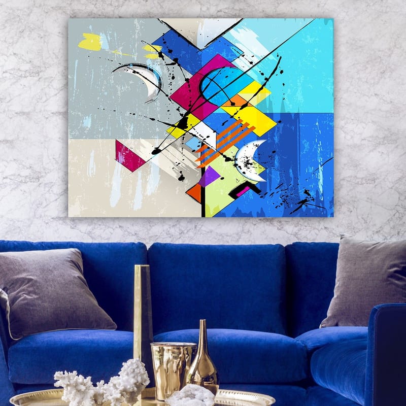 Lerretsbilde 70x100 cm - Abstrakt komposisjon med geometriske former og dynamiske linjer - Blå / Rosa / Gul - Innredning - Bilder & kunst - Lerretsbilder