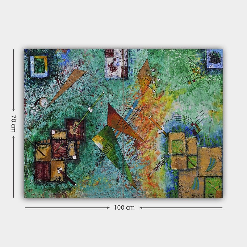 Lerretsbilde 70x100 cm - Abstrakt komposisjon med geometriske former og dynamiske linjer i en fargerik harmoni - Grønn / Oransje / Brun - Innredning - Bilder & kunst - Lerretsbilder