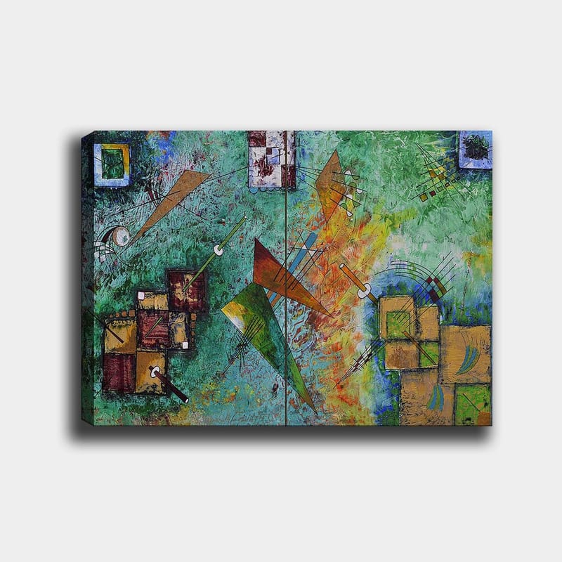 Lerretsbilde 70x100 cm - Abstrakt komposisjon med geometriske former og dynamiske linjer i en fargerik harmoni - Grønn / Oransje / Brun - Innredning - Bilder & kunst - Lerretsbilder
