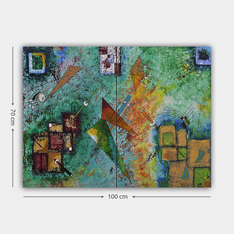 Lerretsbilde 70x100 cm - Abstrakt komposisjon med geometriske former og dynamiske linjer i en fargerik harmoni - Grønn / Oransje / Brun - Innredning - Bilder & kunst - Lerretsbilder