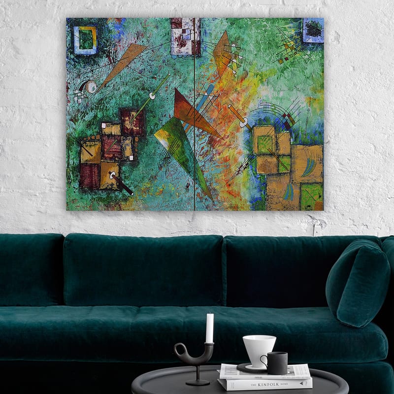 Lerretsbilde 70x100 cm - Abstrakt komposisjon med geometriske former og dynamiske linjer i en fargerik harmoni - Grønn / Oransje / Brun - Innredning - Bilder & kunst - Lerretsbilder