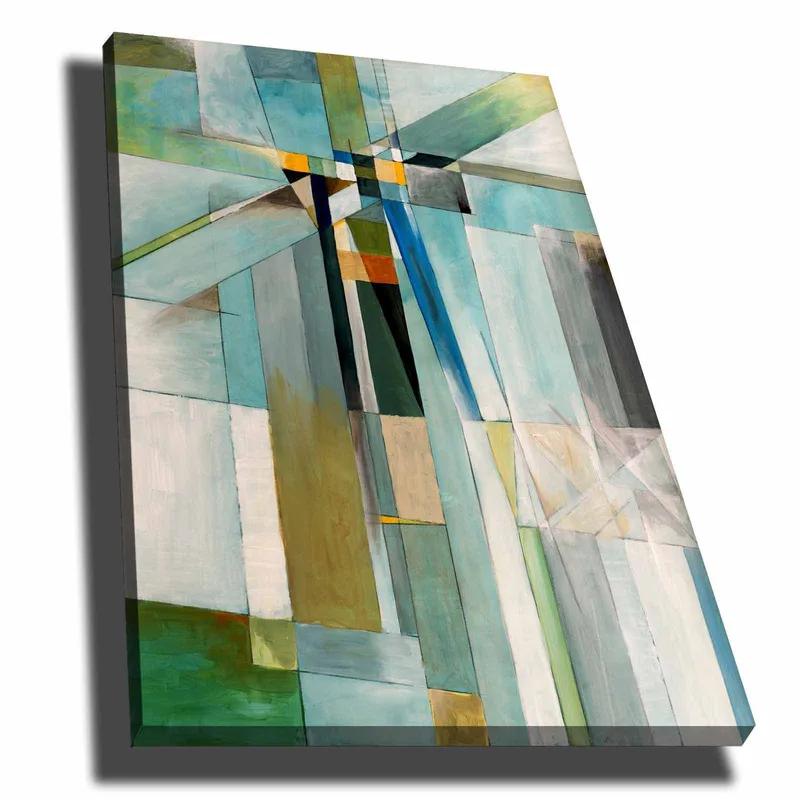 Lerretsbilde 70x100 cm - Abstrakt komposisjon med geometriske former og en harmonisk fargepalett, Blå / Grønn / Beige