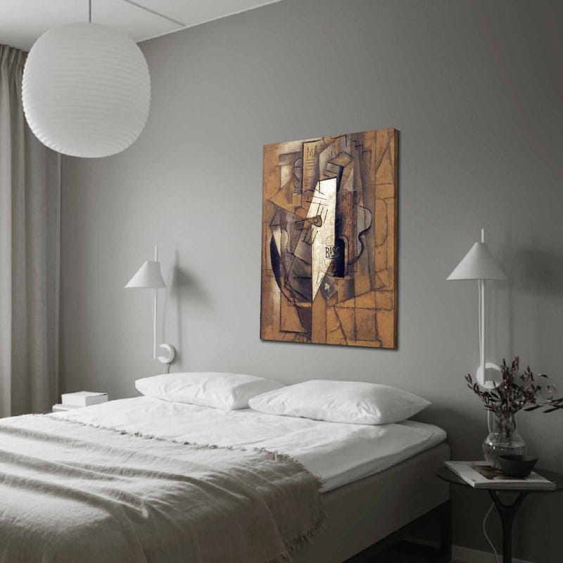 Lerretsbilde 70x100 cm - Abstrakt komposisjon med geometriske former og en sentral hvit figur, Brun / Hvit / Svart