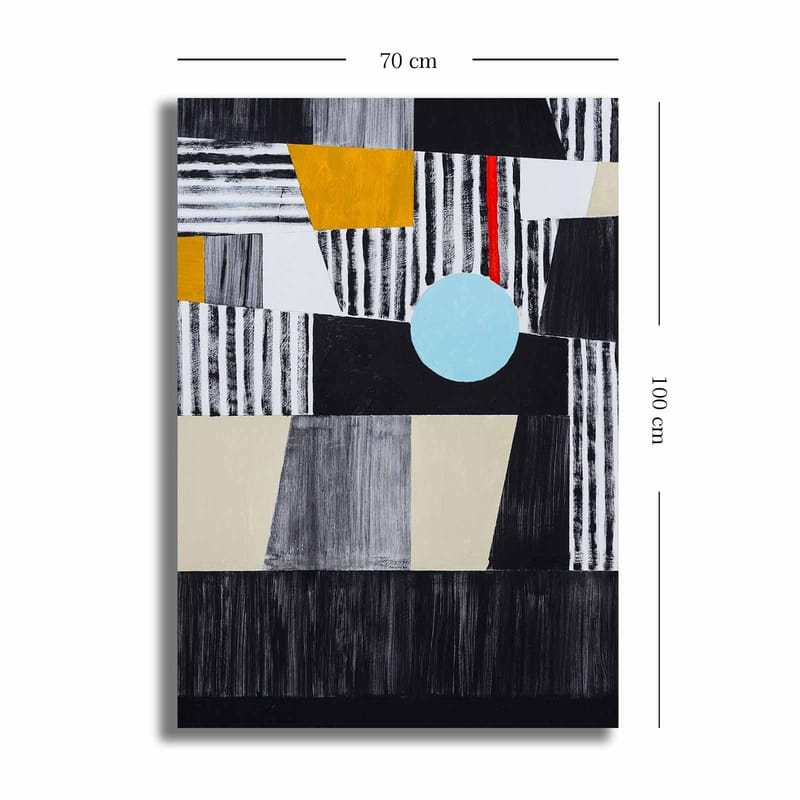 Lerretsbilde 70x100 cm - Abstrakt komposisjon med geometriske former og en sentral sirkel - Svart / Lyseblå / Gull - Innredning - Bilder & kunst - Lerretsbilder