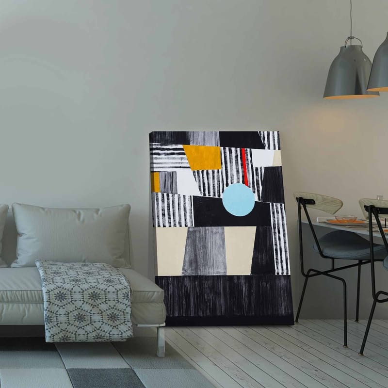 Lerretsbilde 70x100 cm - Abstrakt komposisjon med geometriske former og en sentral sirkel - Svart / Lyseblå / Gull - Innredning - Bilder & kunst - Lerretsbilder