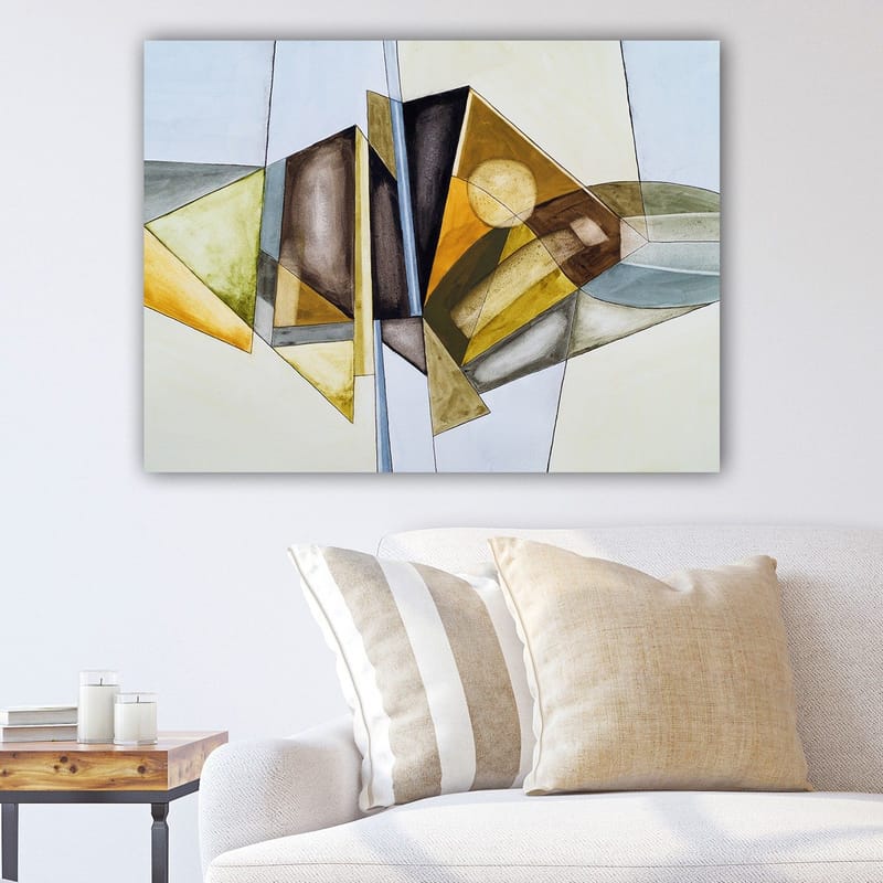 Lerretsbilde 70x100 cm - Abstrakt komposisjon med geometriske former og et solsymbol, Gull / Grønn / Brun