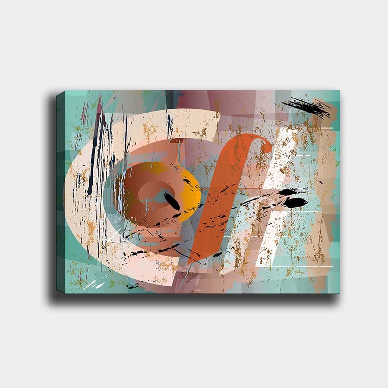 Lerretsbilde 70x100 cm - Abstrakt komposisjon med geometriske former og fargerike elementer, Turkis / Oransje / Beige