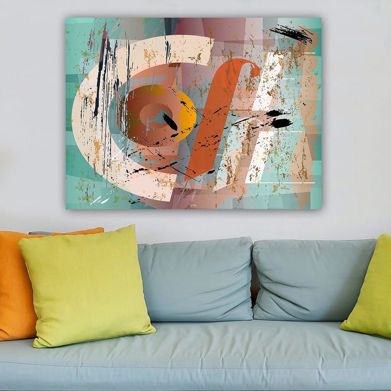Lerretsbilde 70x100 cm - Abstrakt komposisjon med geometriske former og fargerike elementer - Turkis / Oransje / Beige - Innredning - Bilder & kunst - Lerretsbilder