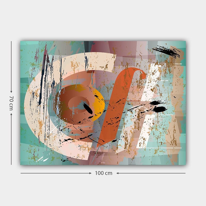 Lerretsbilde 70x100 cm - Abstrakt komposisjon med geometriske former og fargerike elementer - Turkis / Oransje / Beige - Innredning - Bilder & kunst - Lerretsbilder