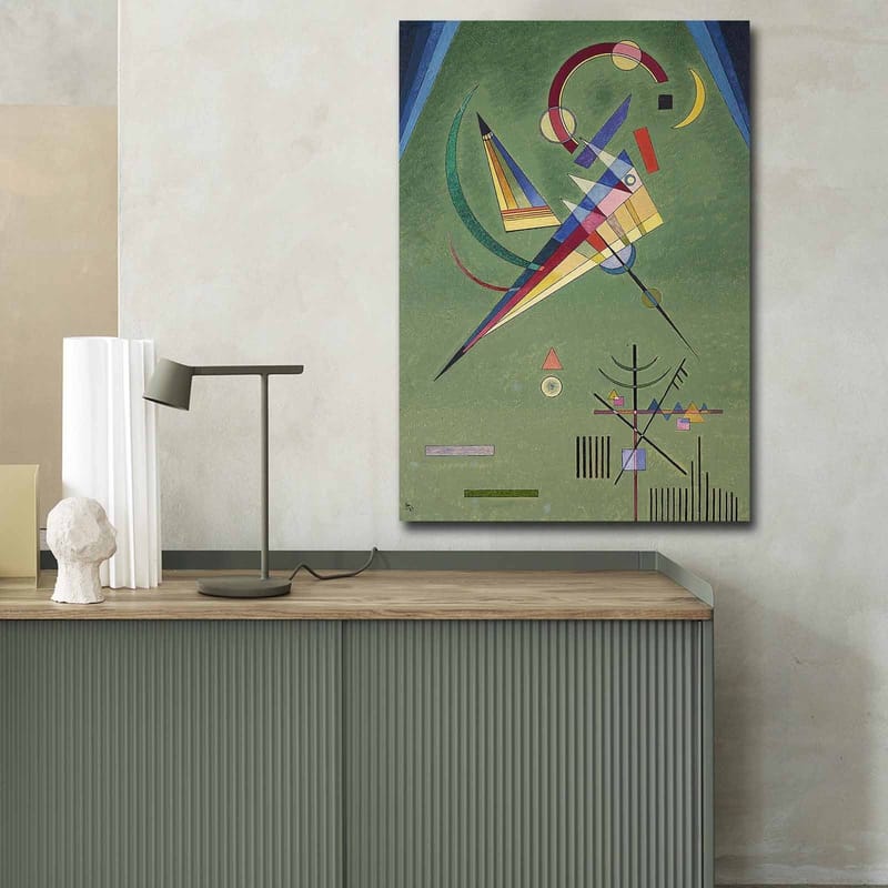 Lerretsbilde 70x100 cm - Abstrakt komposisjon med geometriske former og fargerike linjer - Grønn / Blå / Rød - Innredning - Bilder & kunst - Lerretsbilder