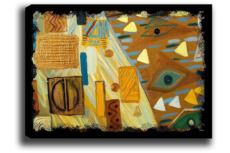 Lerretsbilde 70x100 cm - Abstrakt komposisjon med geometriske former og fargerike mønstre - Gull / Blå / Grønn - Innredning - Bilder & kunst - Lerretsbilder