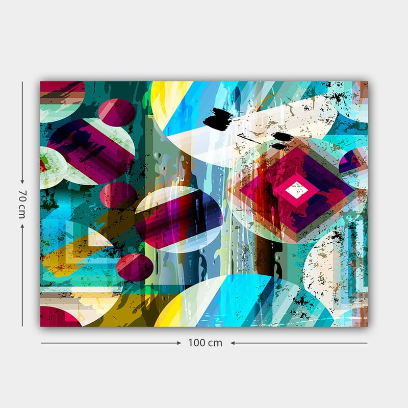 Lerretsbilde 70x100 cm - Abstrakt komposisjon med geometriske former og fargerike sirkler - Turkis / Rød / Gul - Innredning - Bilder & kunst - Lerretsbilder