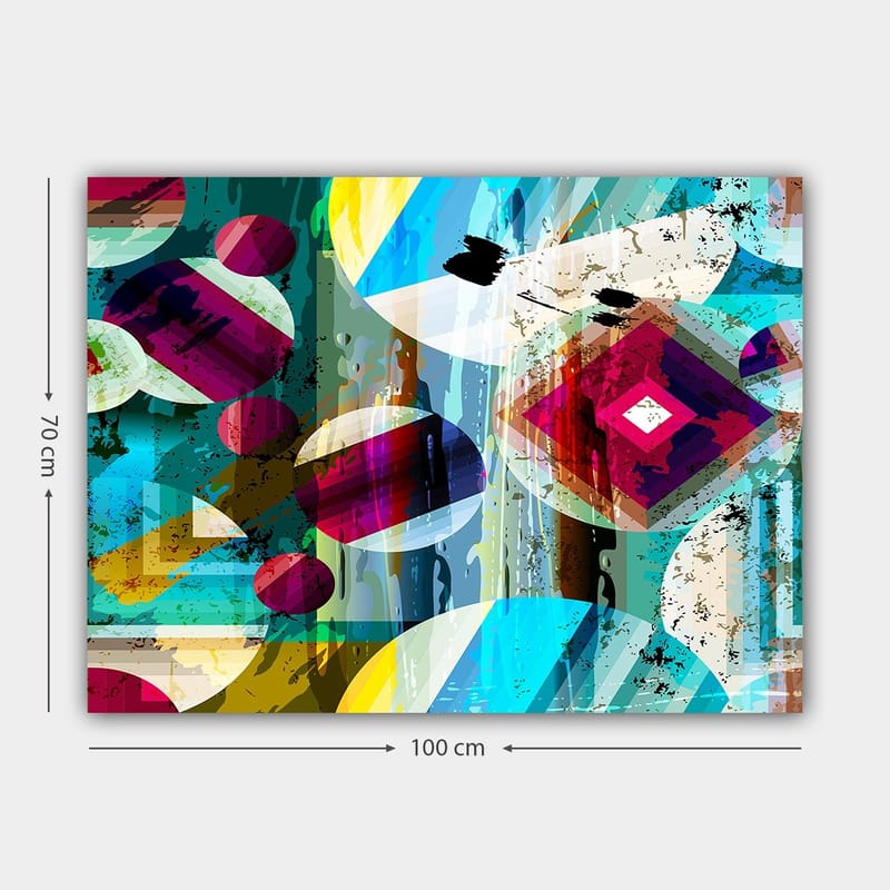 Lerretsbilde 70x100 cm - Abstrakt komposisjon med geometriske former og fargerike sirkler - Turkis / Rød / Gul - Innredning - Bilder & kunst - Lerretsbilder
