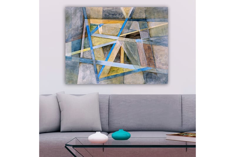 Lerretsbilde 70x100 cm - Abstrakt komposisjon med geometriske former og linjer i harmoniske farger - Blå / Beige / Grå - Innredning - Bilder & kunst - Lerretsbilder