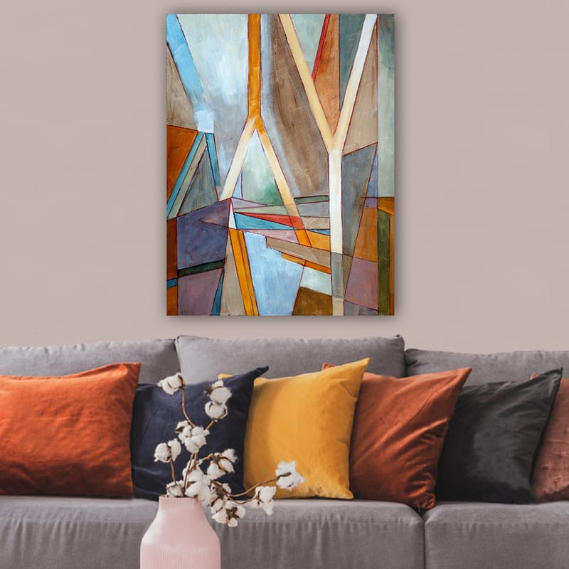 Lerretsbilde 70x100 cm - Abstrakt komposisjon med geometriske former og linjer som skaper en dynamisk følelse - Blå / Oransje / Brun - Innredning - Bilder & kunst - Lerretsbilder