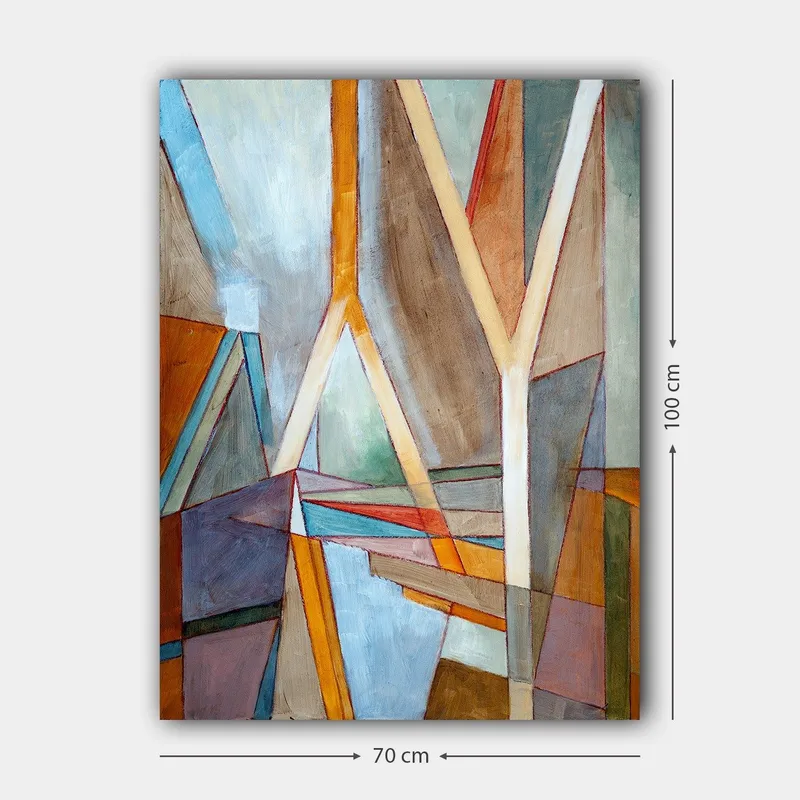 Lerretsbilde 70x100 cm - Abstrakt komposisjon med geometriske former og linjer som skaper en dynamisk følelse - Blå / Oransje / Brun - Innredning - Bilder & kunst - Lerretsbilder