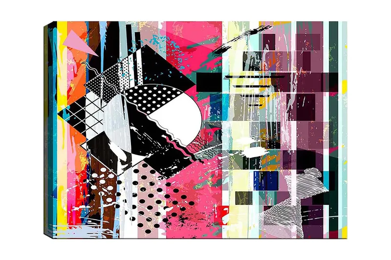 Lerretsbilde 70x100 cm - Abstrakt komposisjon med geometriske former og livlige farger, Rosa / Svart / Hvit