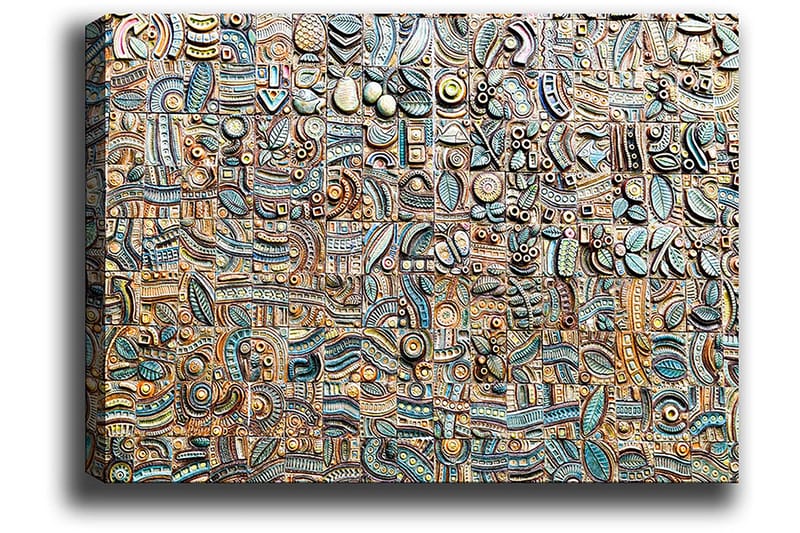 Lerretsbilde 70x100 cm - Abstrakt komposisjon med geometriske former og mønstre i forskjellige nyanser - Blå / Bronse / Svart - Innredning - Bilder & kunst - Lerretsbilder