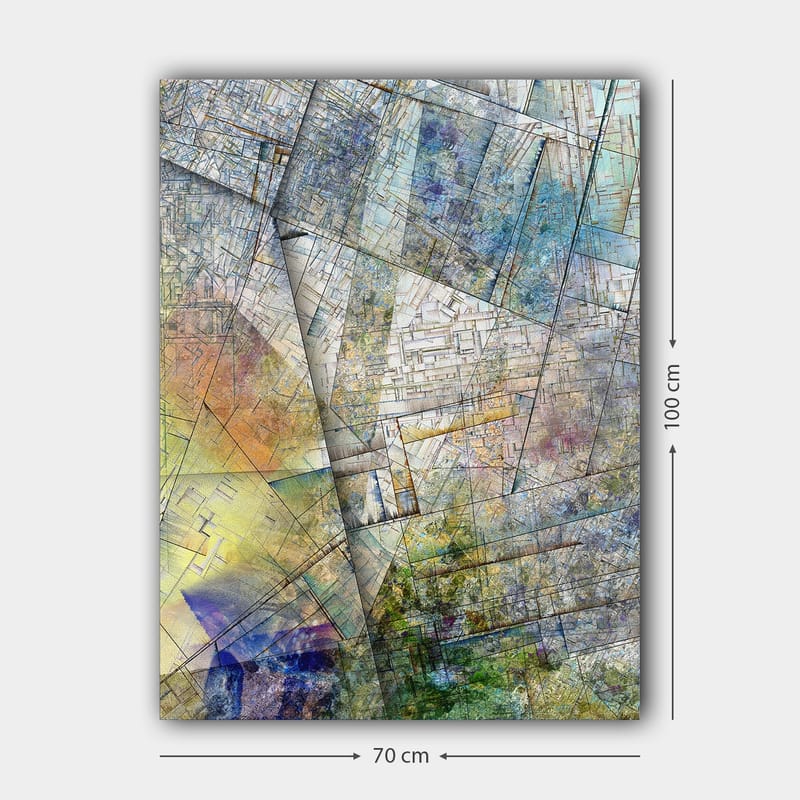 Lerretsbilde 70x100 cm - Abstrakt komposisjon med geometriske former og myke fargeoverganger - Blå / Grønn / Gul - Innredning - Bilder & kunst - Lerretsbilder