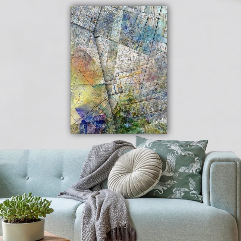 Lerretsbilde 70x100 cm - Abstrakt komposisjon med geometriske former og myke fargeoverganger - Blå / Grønn / Gul - Innredning - Bilder & kunst - Lerretsbilder