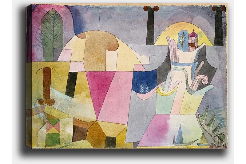 Lerretsbilde 70x100 cm - Abstrakt komposisjon med geometriske former og myke farger som skaper en drømmeaktig atmosfære - Rosa / Gul / Grønn - Innredning - Bilder & kunst - Lerretsbilder