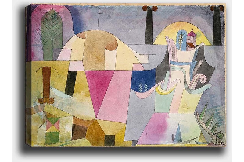 Lerretsbilde 70x100 cm - Abstrakt komposisjon med geometriske former og myke farger som skaper en drømmeaktig atmosfære - Rosa / Gul / Grønn - Innredning - Bilder & kunst - Lerretsbilder