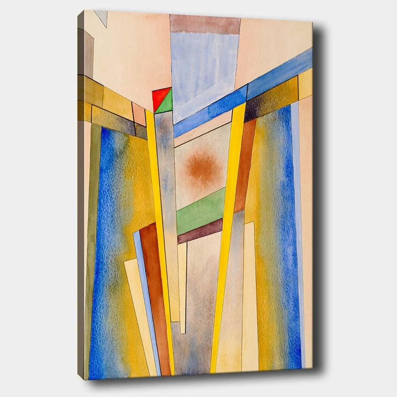 Lerretsbilde 70x100 cm - Abstrakt komposisjon med geometriske former og sterke farger, Gul / Blå / Rød