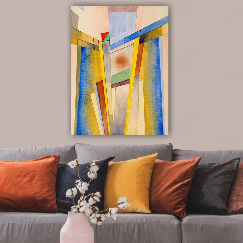 Lerretsbilde 70x100 cm - Abstrakt komposisjon med geometriske former og sterke farger - Gul / Blå / Rød - Innredning - Bilder & kunst - Lerretsbilder