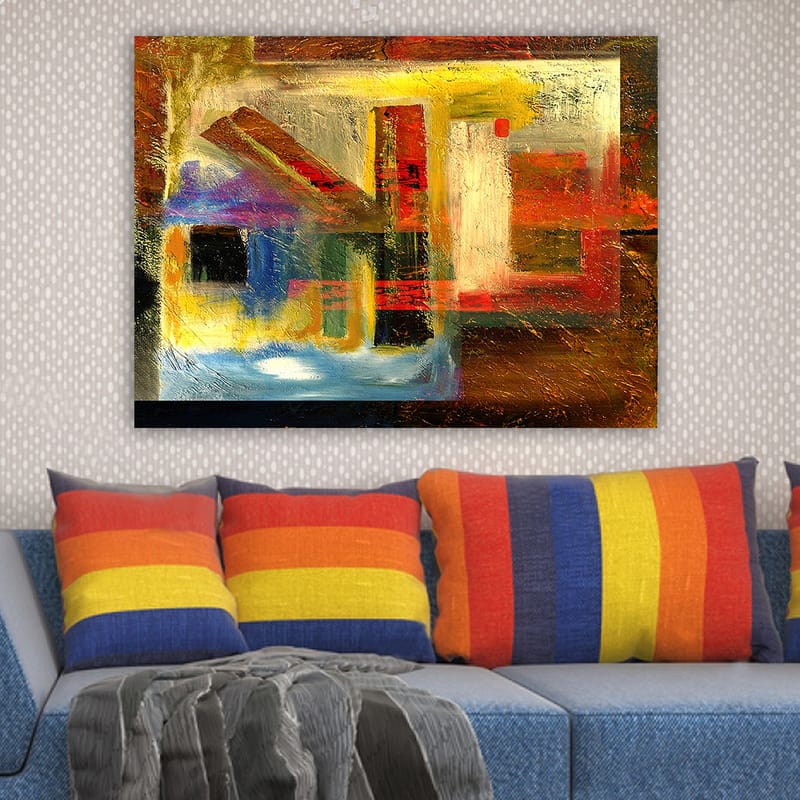 Lerretsbilde 70x100 cm - Abstrakt komposisjon med geometriske former og sterke farger - Rød / Gull / Blå - Innredning - Bilder & kunst - Lerretsbilder