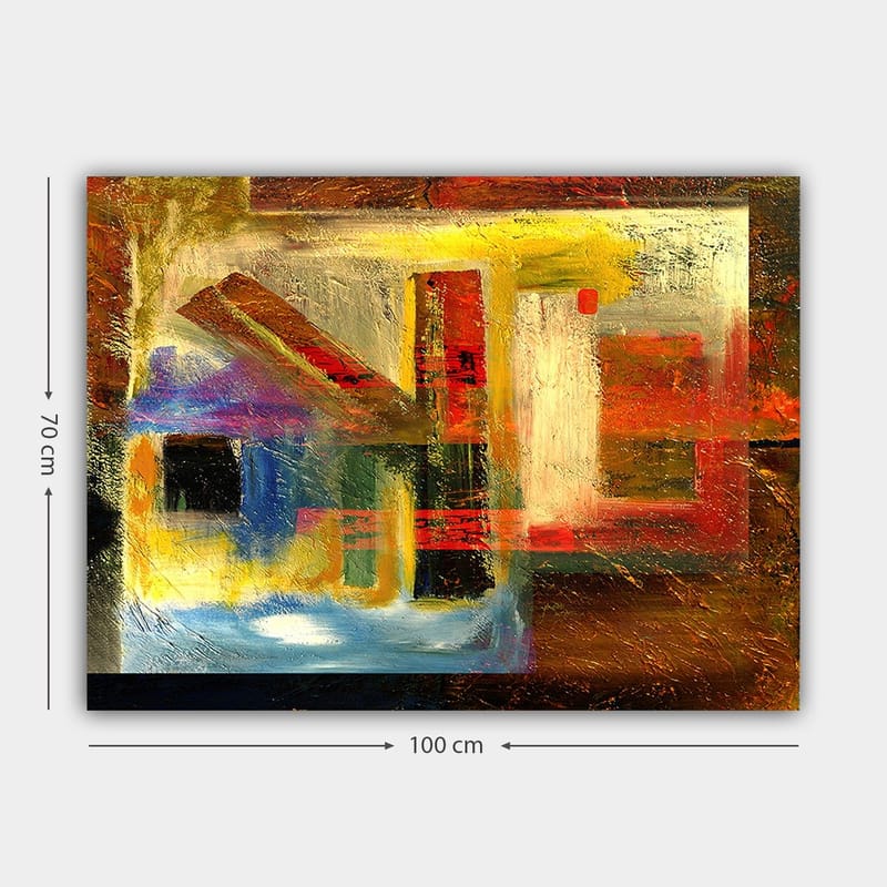 Lerretsbilde 70x100 cm - Abstrakt komposisjon med geometriske former og sterke farger - Rød / Gull / Blå - Innredning - Bilder & kunst - Lerretsbilder