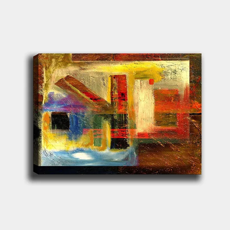 Lerretsbilde 70x100 cm - Abstrakt komposisjon med geometriske former og sterke farger, Rød / Gull / Blå