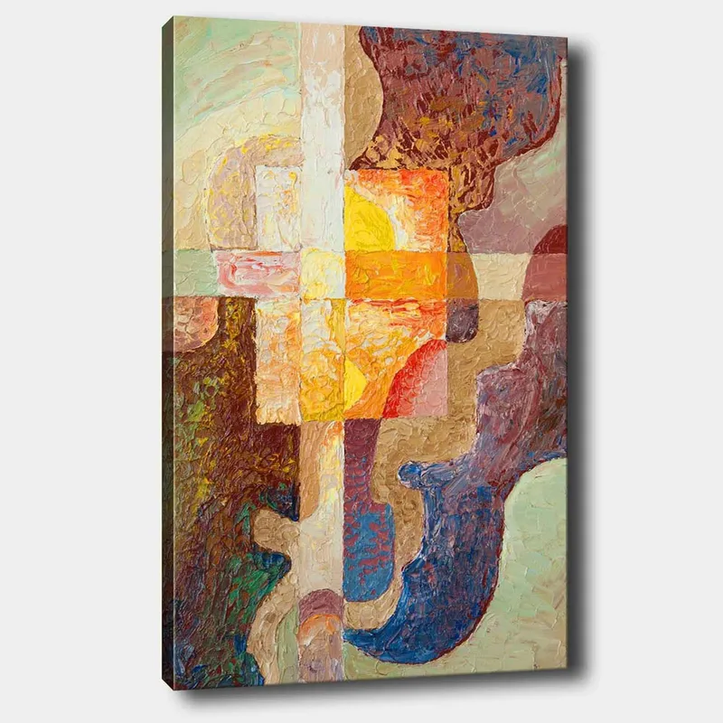 Lerretsbilde 70x100 cm - Abstrakt komposisjon med geometriske former og varme farger som skaper en dynamisk følelse, Mørk brun / Oransje / Lilla