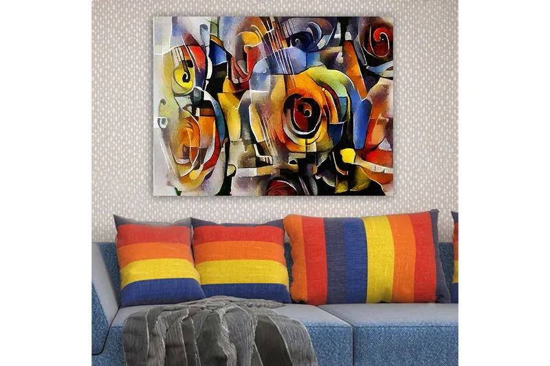 Lerretsbilde 70x100 cm - Abstrakt komposisjon med gitarer og roser i livlige farger - Rød / Gul / Blå - Innredning - Bilder & kunst - Lerretsbilder