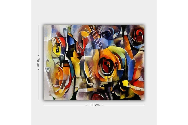 Lerretsbilde 70x100 cm - Abstrakt komposisjon med gitarer og roser i livlige farger - Rød / Gul / Blå - Innredning - Bilder & kunst - Lerretsbilder