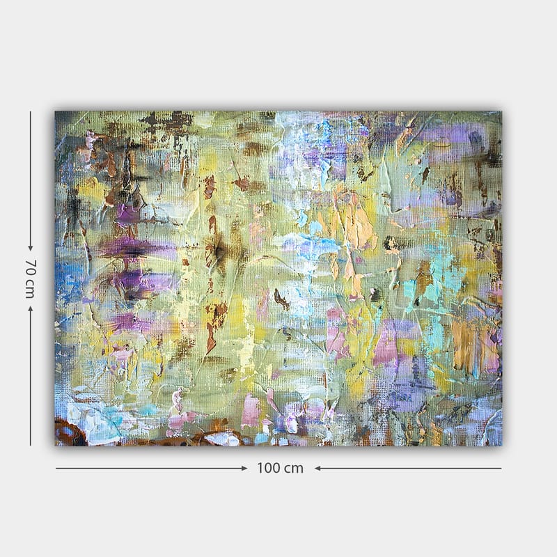 Lerretsbilde 70x100 cm - Abstrakt komposisjon med myke fargeoverganger og teksturer som skaper en drømmeaktig atmosfære - Lys grønn / Lilla / Beige - Innredning - Bilder & kunst - Lerretsbilder